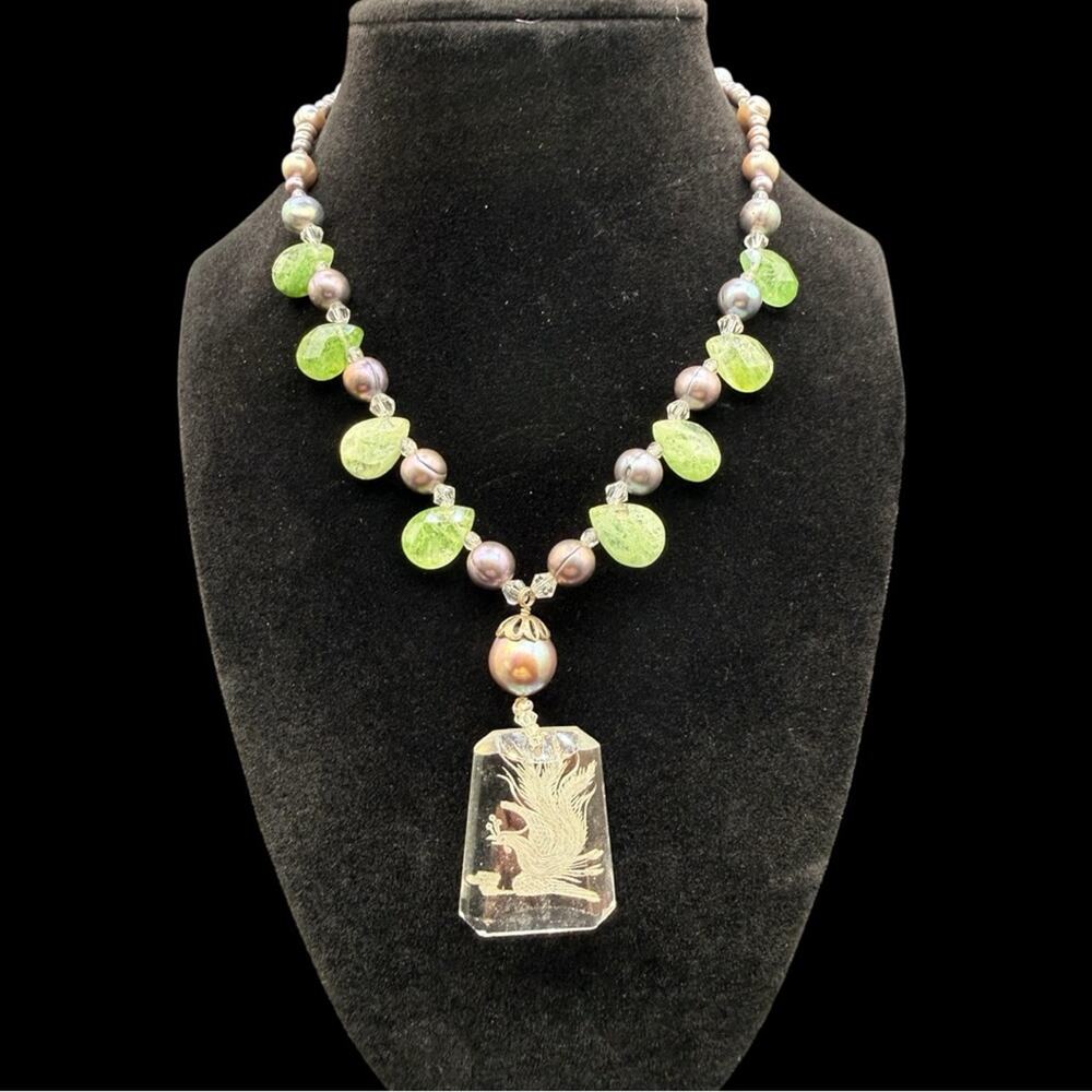Handmade Artisan Green Glass and Pearl Phoenix Necklace 10” drop